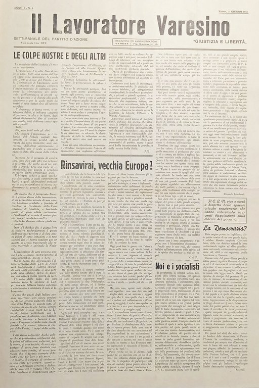 Settimanale Partito d'Azione Varese Il Lavoratore Varesino N. 5 - Anno I - 1945
