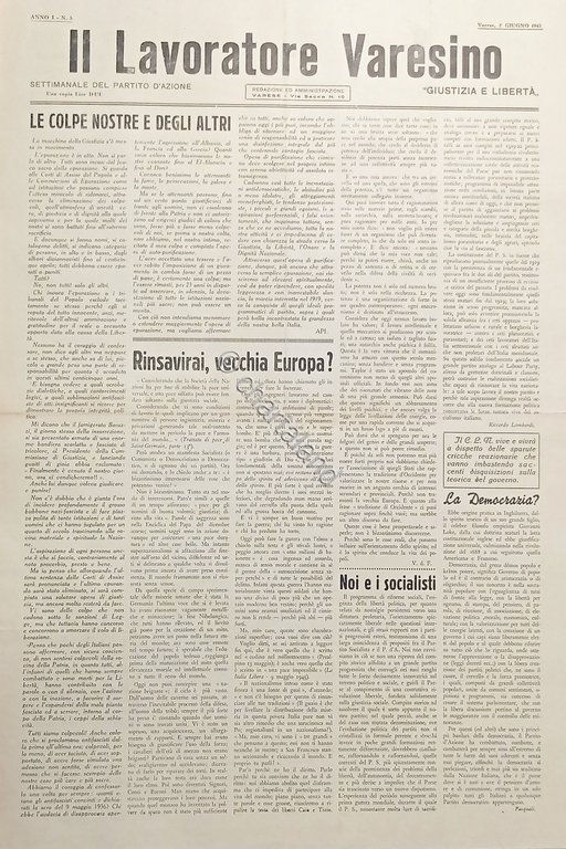 Settimanale Partito d'Azione Varese Il Lavoratore Varesino N. 5 - …