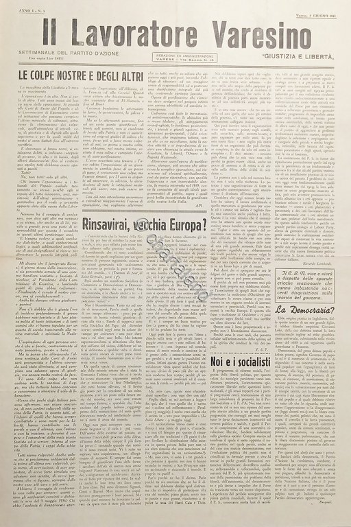 Settimanale Partito d'Azione Varese Il Lavoratore Varesino N. 5 - …
