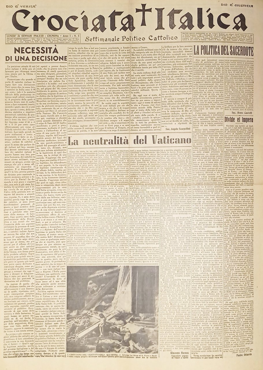 Settimanale Politico Cattolico - Crociata Italica N.3 - 1944 Neutralità …