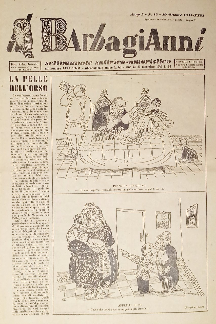 Settimanale Satirico-Umoristico - Il Barbagianni n. 13 - 1944 | Immagine principale