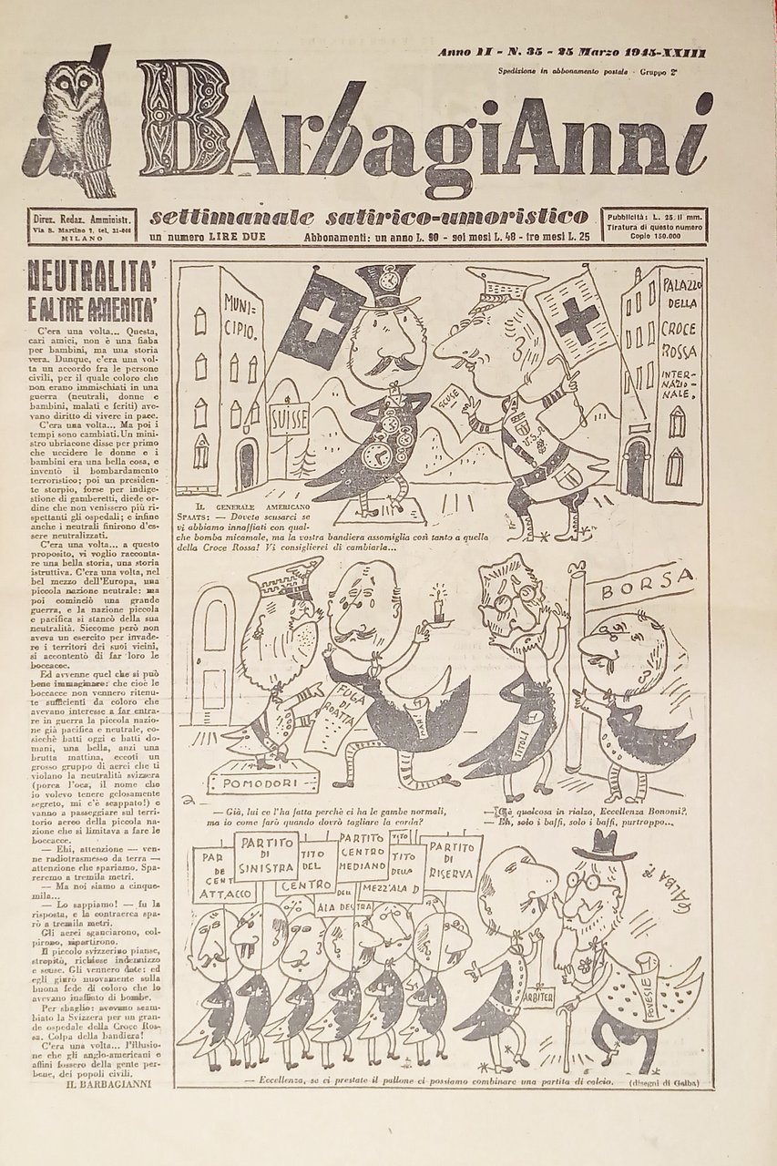 Settimanale Satirico-Umoristico - Il Barbagianni n. 35 - 1945 | Immagine principale