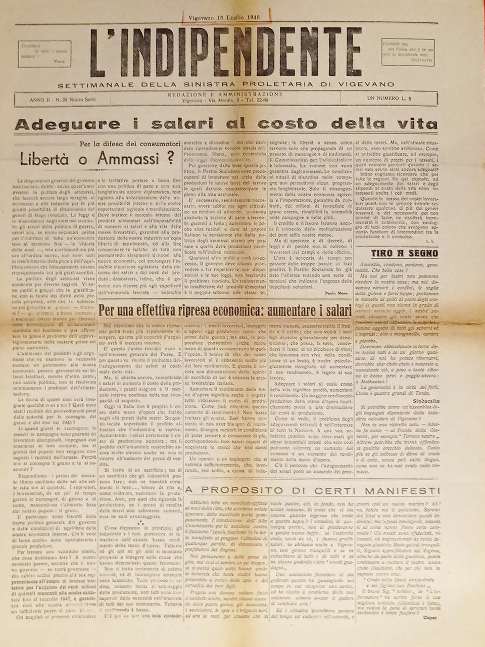 Settimanale Sinistra Vigevano - L'Indipendente N. 28 - 1946 Libertà …