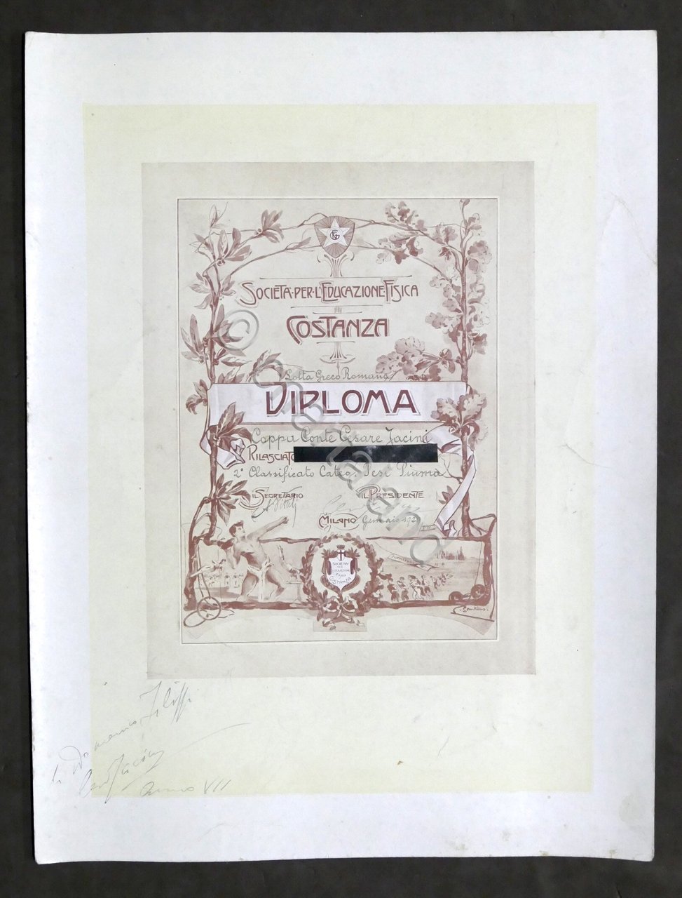 Soc. Educazione Fisica Costanza Milano - Diploma Lotta Greco Romana …