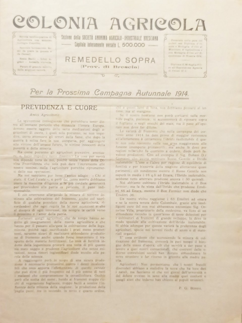 Società Agricolo-Industriale Bresciana - Colonia Agricola - Campagna 1914