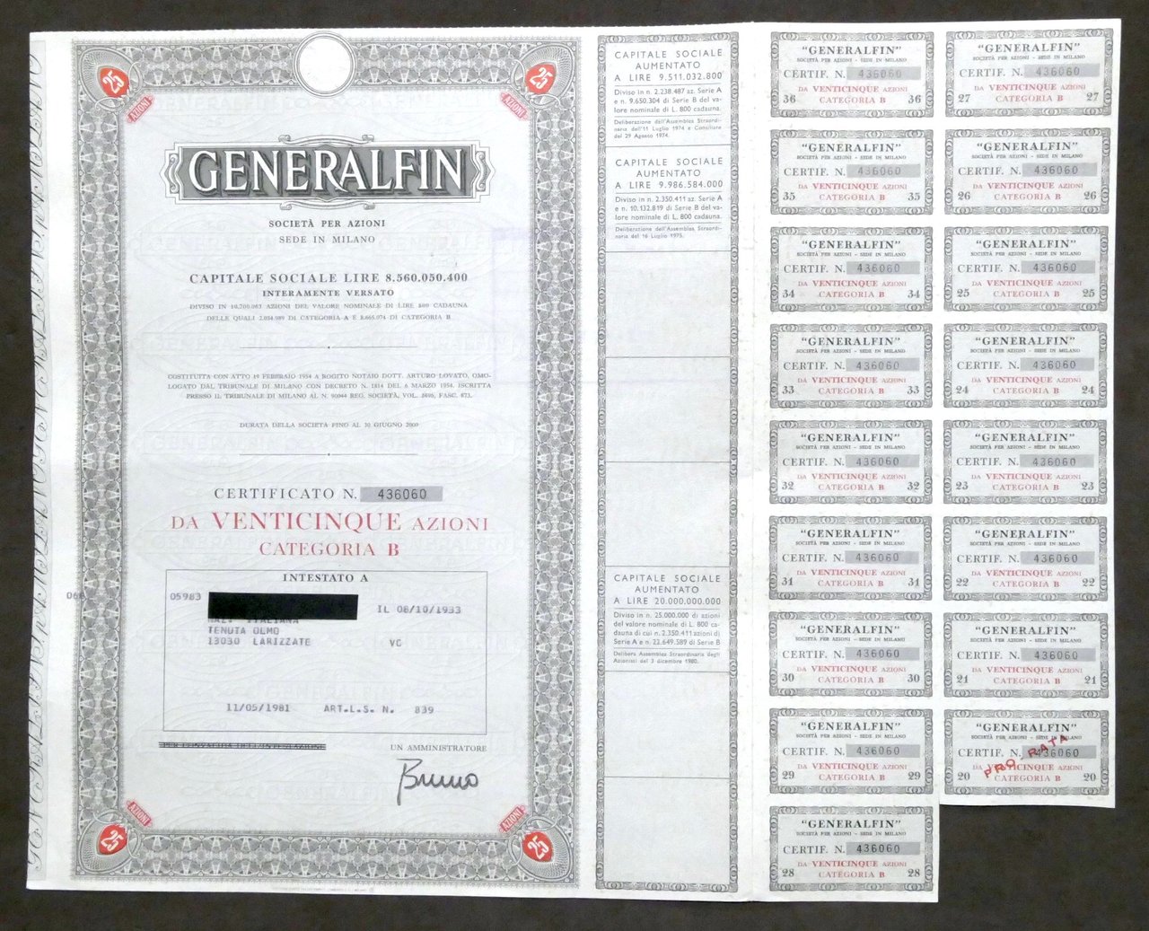 Società Generalfin - Milano - Certificato azionario - 25 azioni …