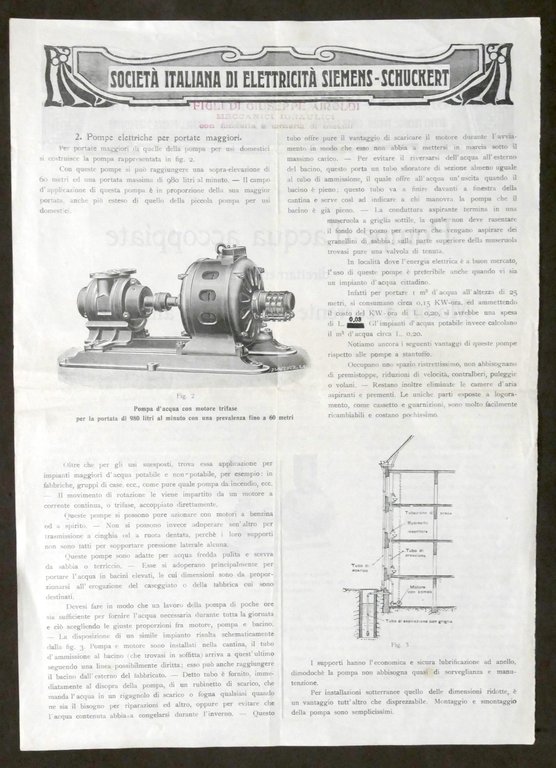 Società Siemens-Schuckert - Pompe d'acqua con motori elettrici - primo …