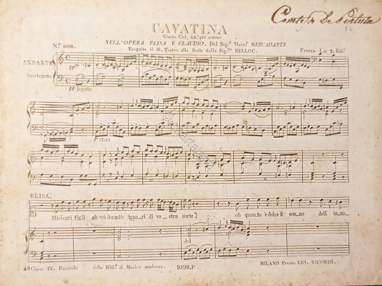 Spartiti - Cavatina dell'Opera Elisa e Claudio per Piano di …