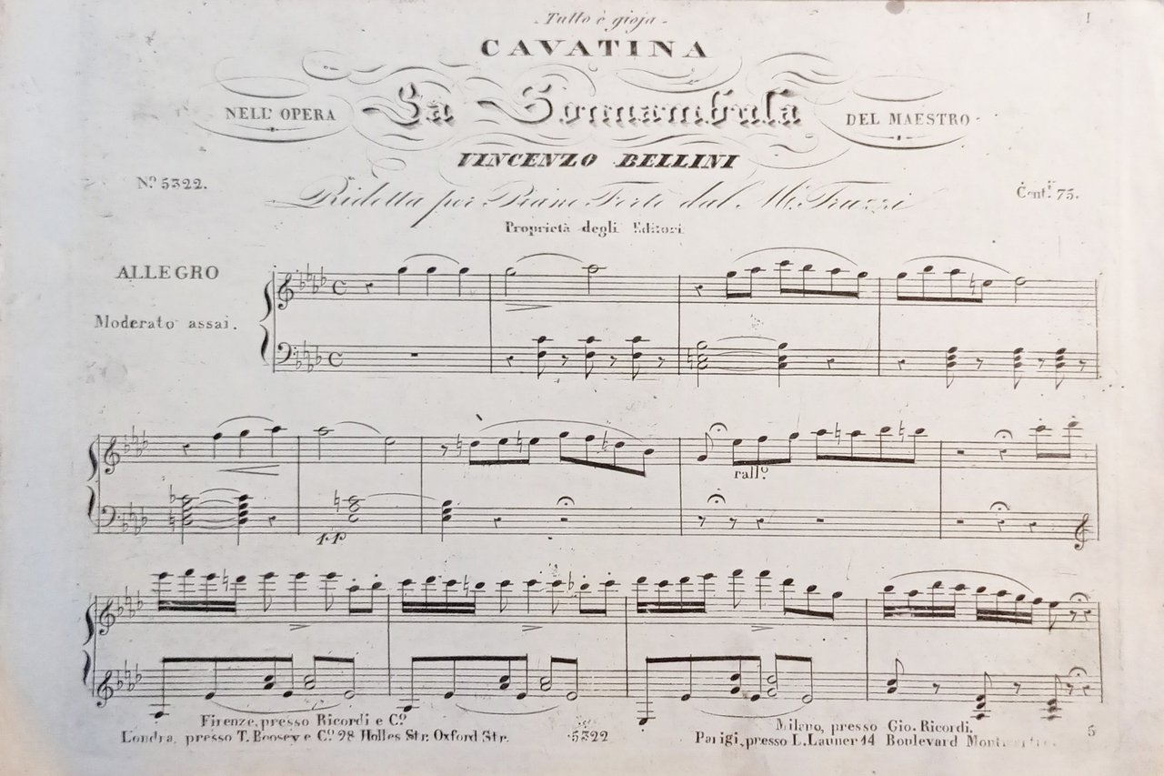 Spartiti - Cavatina nell'Opera La Sonnambula di V. Bellini per …