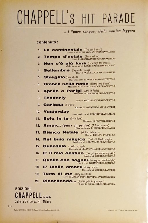 Spartiti - Chappell's Hit Parade - Raccolta - 1960