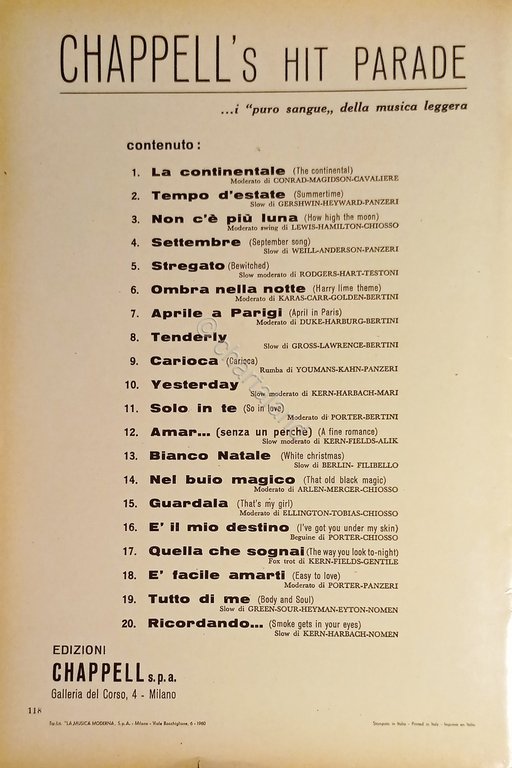 Spartiti - Chappell's Hit Parade - Raccolta - 1960