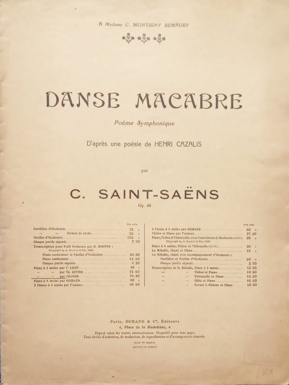 Spartiti - Danse Macabre - Poème Symphonique par C. Saint-Saens …