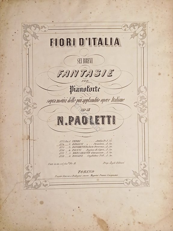 Spartiti - Fiori d'Italia - Fantasia per Pianoforte - Bellini - La Straniera