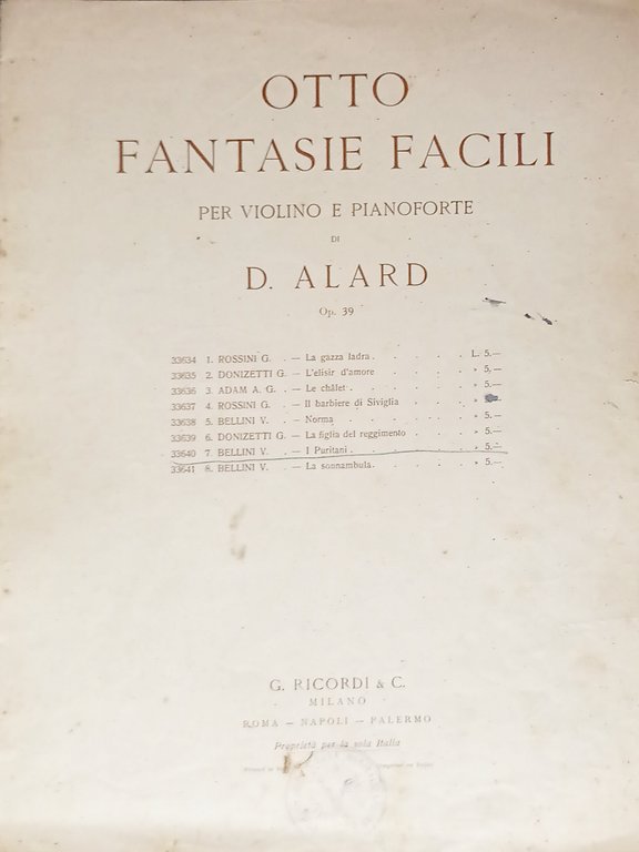 Spartiti - I Puritani di V. Bellini - Fantasia Facile per Violino di D. Alard