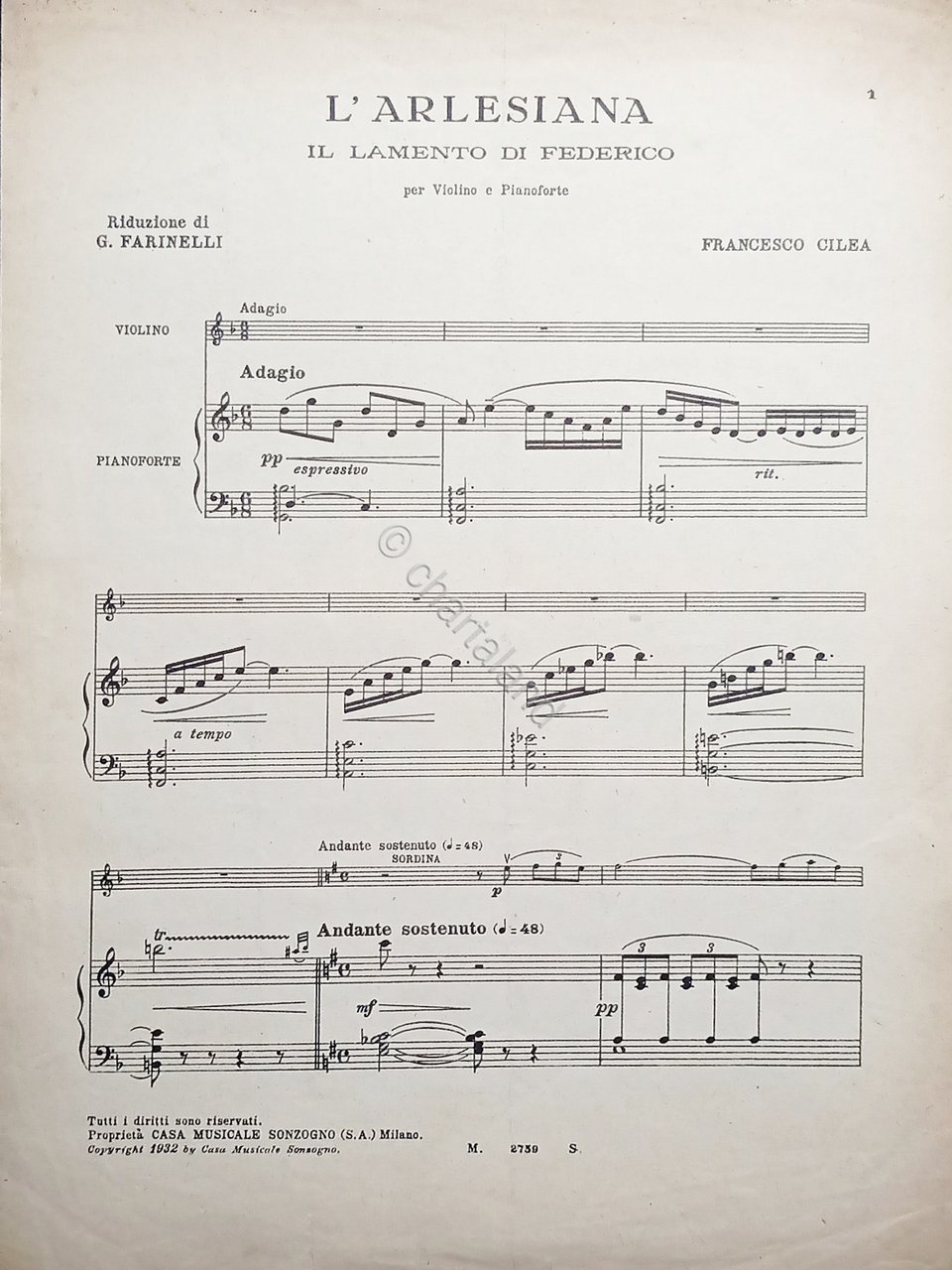 Spartiti - L'Arlesiana: Il Lamento di Federico - Violino Piano …