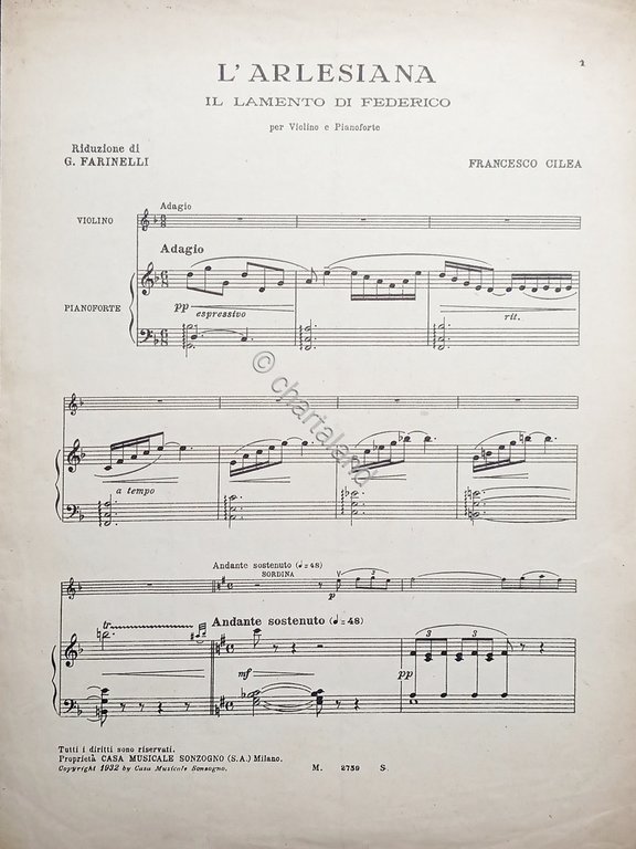 Spartiti - L'Arlesiana: Il Lamento di Federico - Violino Piano …
