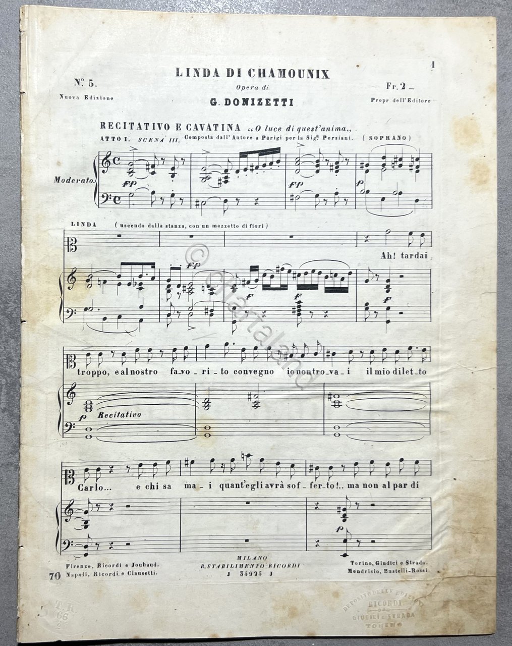 Spartiti - Linda di Chamounix - Opera di G. Donizetti …