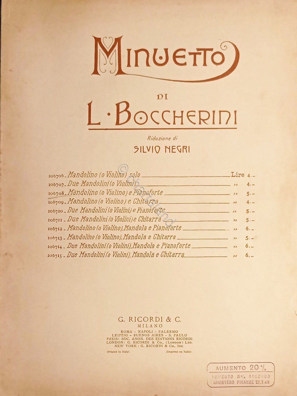 Spartiti - Minuetto di L. Boccherini - Mandolino ( o …