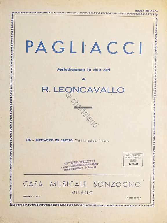 Spartiti - Pagliacci - Melodramma in due Atti di R. …
