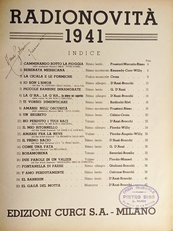 Spartiti - Radionovità 1941 - 20 Nuove Canzoni di Successo …