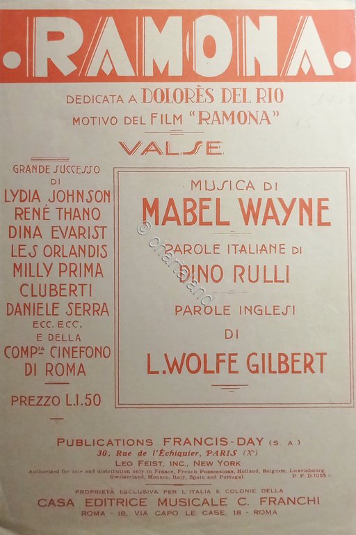 Spartiti - Ramona - Valse di L. Wolf Gilbert e …