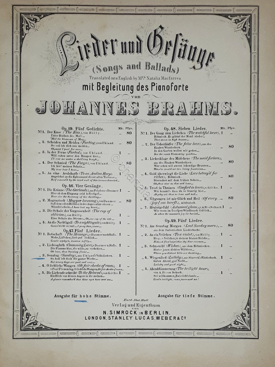 Spartiti - Sonntag - Sunday - Joh. Brahms - Piano …