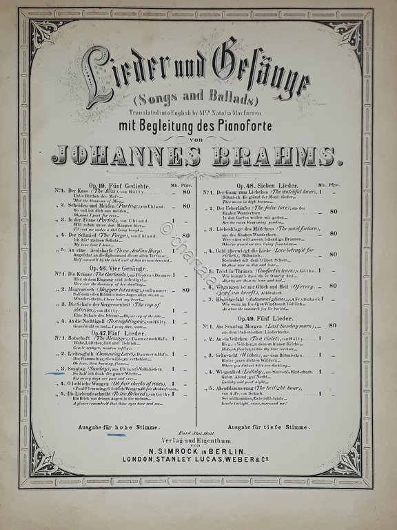 Spartiti - Sonntag - Sunday - Joh. Brahms - Piano …