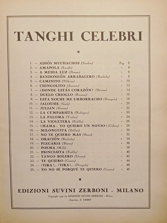 Spartiti - Tanghi Celebri per Canto e Pianoforte - 1961