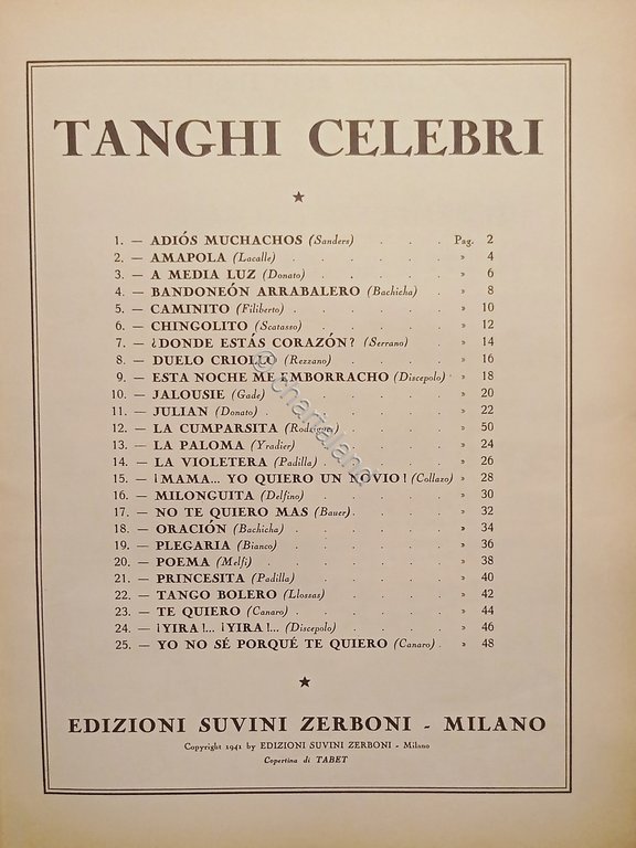 Spartiti - Tanghi Celebri per Canto e Pianoforte - 1961