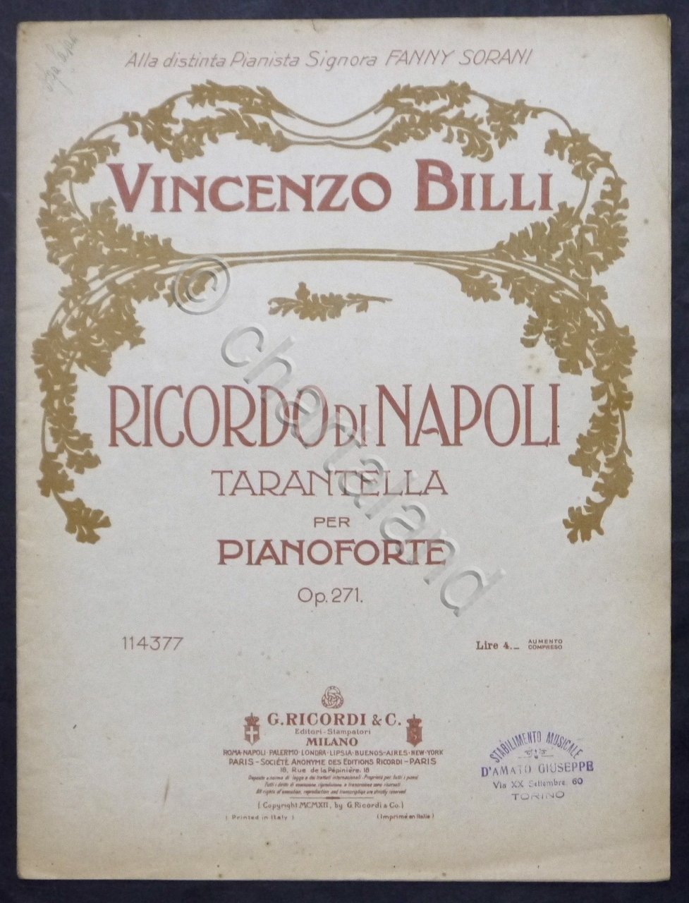 Spartiti - V. Billi - Ricordo di Napoli - Tarantella …