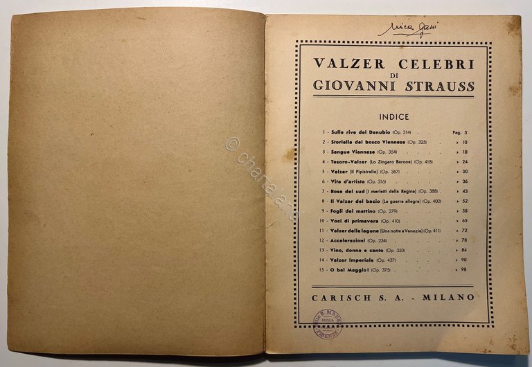 Spartiti - Valzer Celebri di Giovanni Strauss - 1945 Carisch