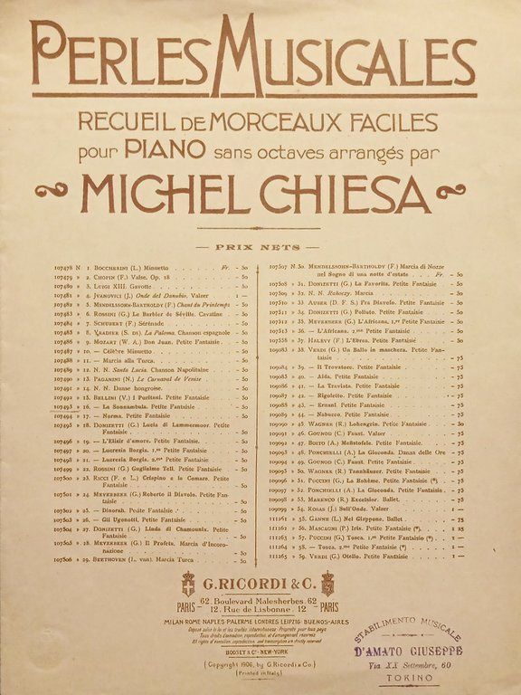 Spartiti Perle Musicali - La Sonnambula di Bellini pour Piano par M. Chiesa 1906