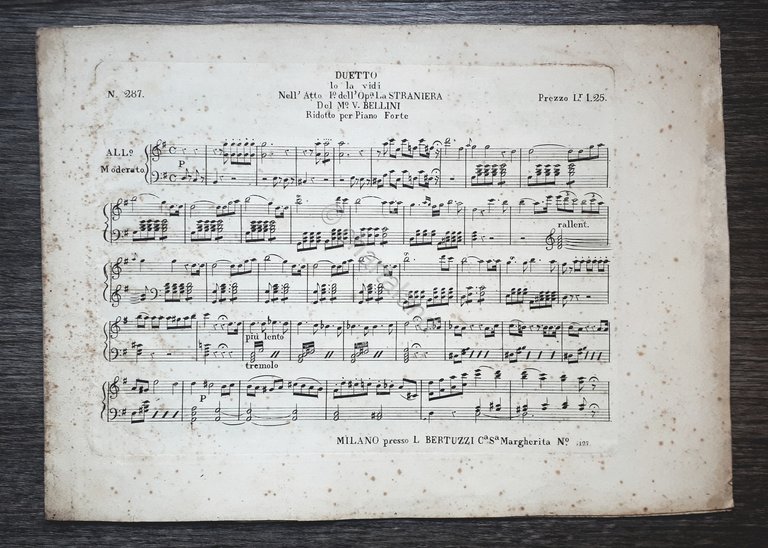 Spartito - Duetto Io la vidi - Opera La Straniera - Bellini - Piano - 1850 ca.