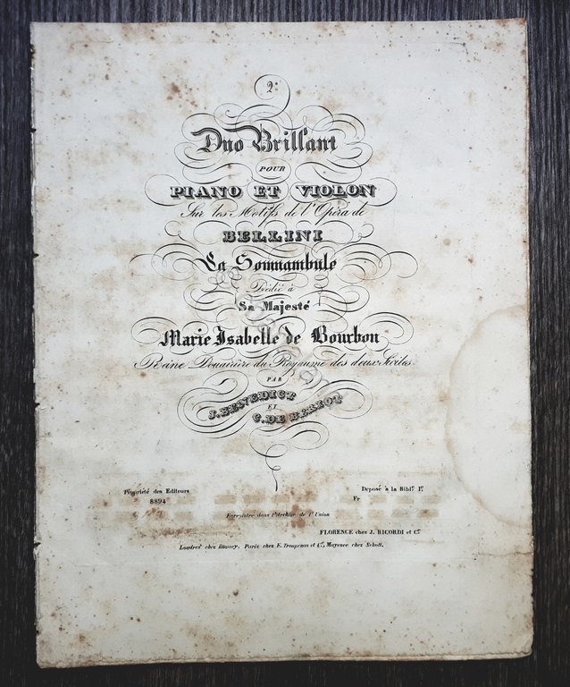Spartito - Duo Brillant Opera La Sonnambula Piano et Violon - Bellini - 1850 ca.