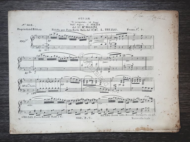 Spartito - Tu sciagurato ah fuggi nell'Opera Pirata - V. Bellini - 1840 ca.