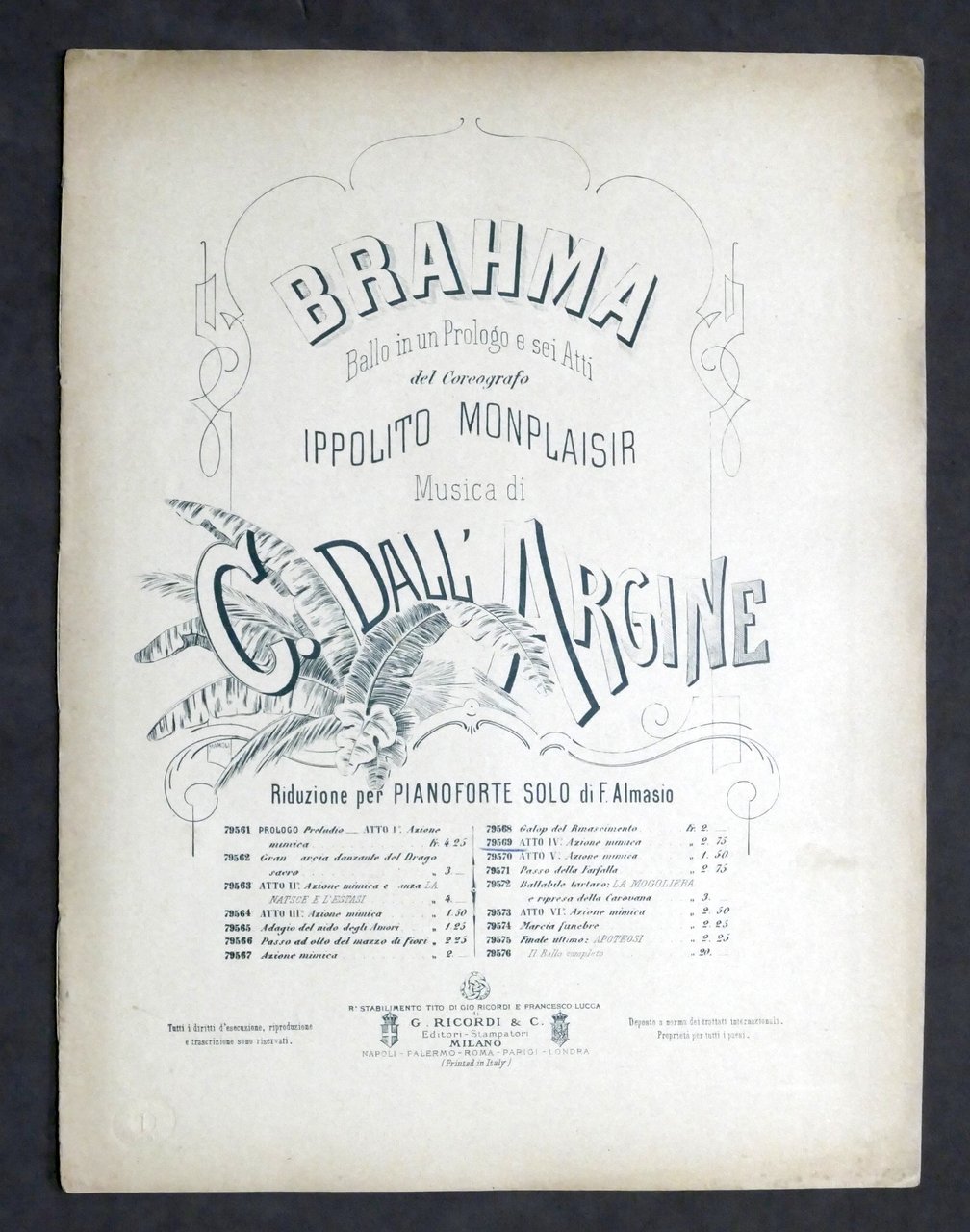 Spartito Dall'Argine - Brahma - Azione Mimica - Pianoforte solo …