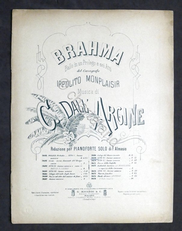 Spartito Dall'Argine - Brahma - Azione Mimica - Pianoforte solo …