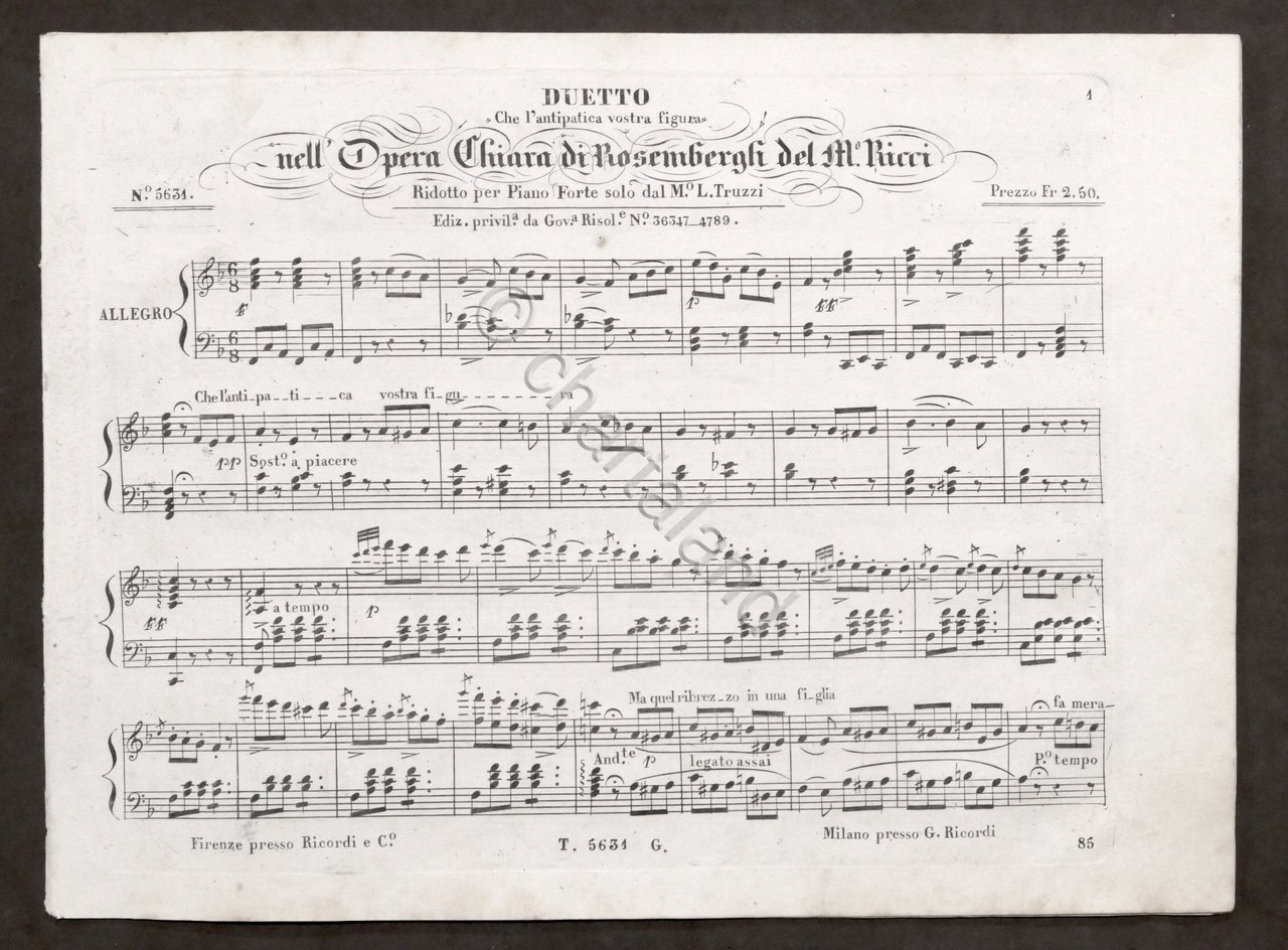Spartito L. Ricci - Duetto Opera Chiara di Rosembergh Pianoforte … | Immagine principale