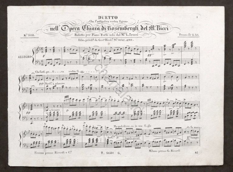 Spartito L. Ricci - Duetto Opera Chiara di Rosembergh Pianoforte … | Immagine Gallery 1