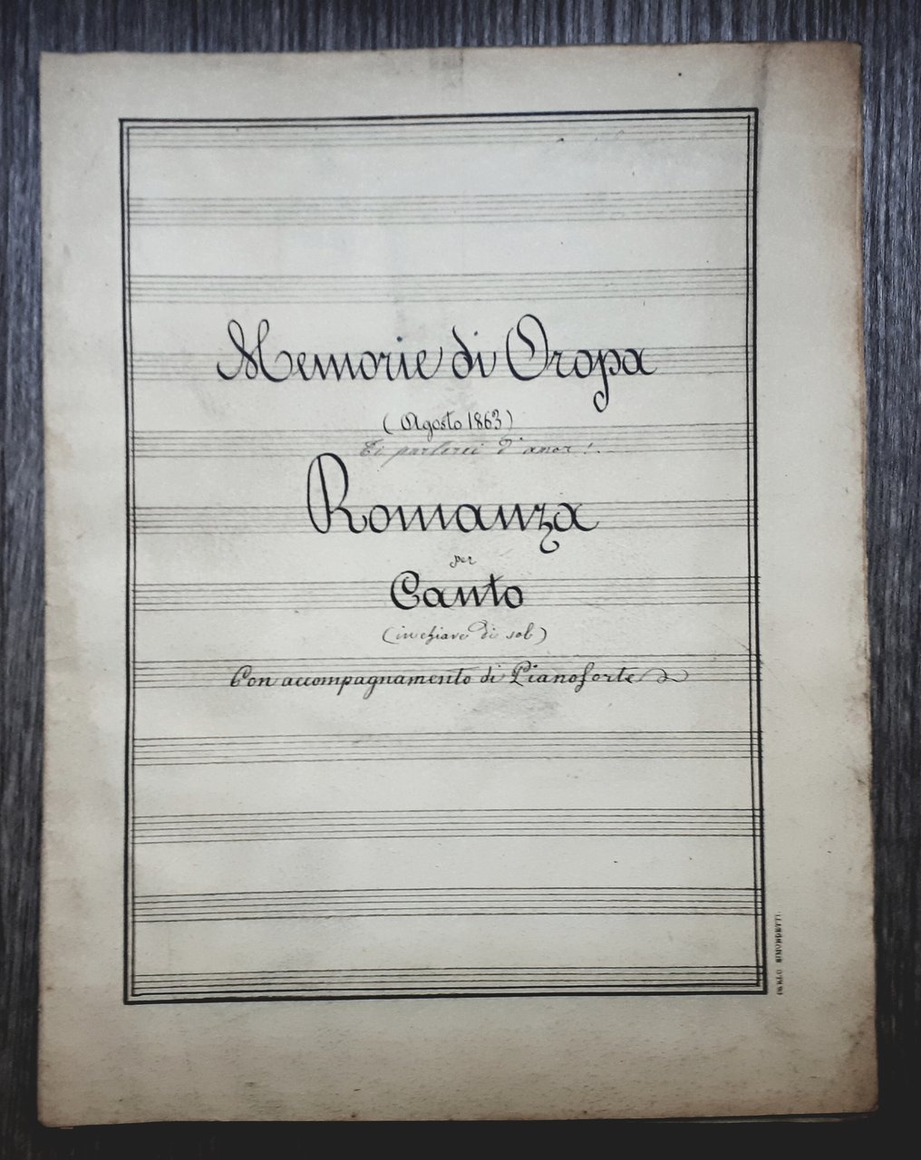 Spartito manoscritto - Memorie di Oropa - Romanza per Canto …