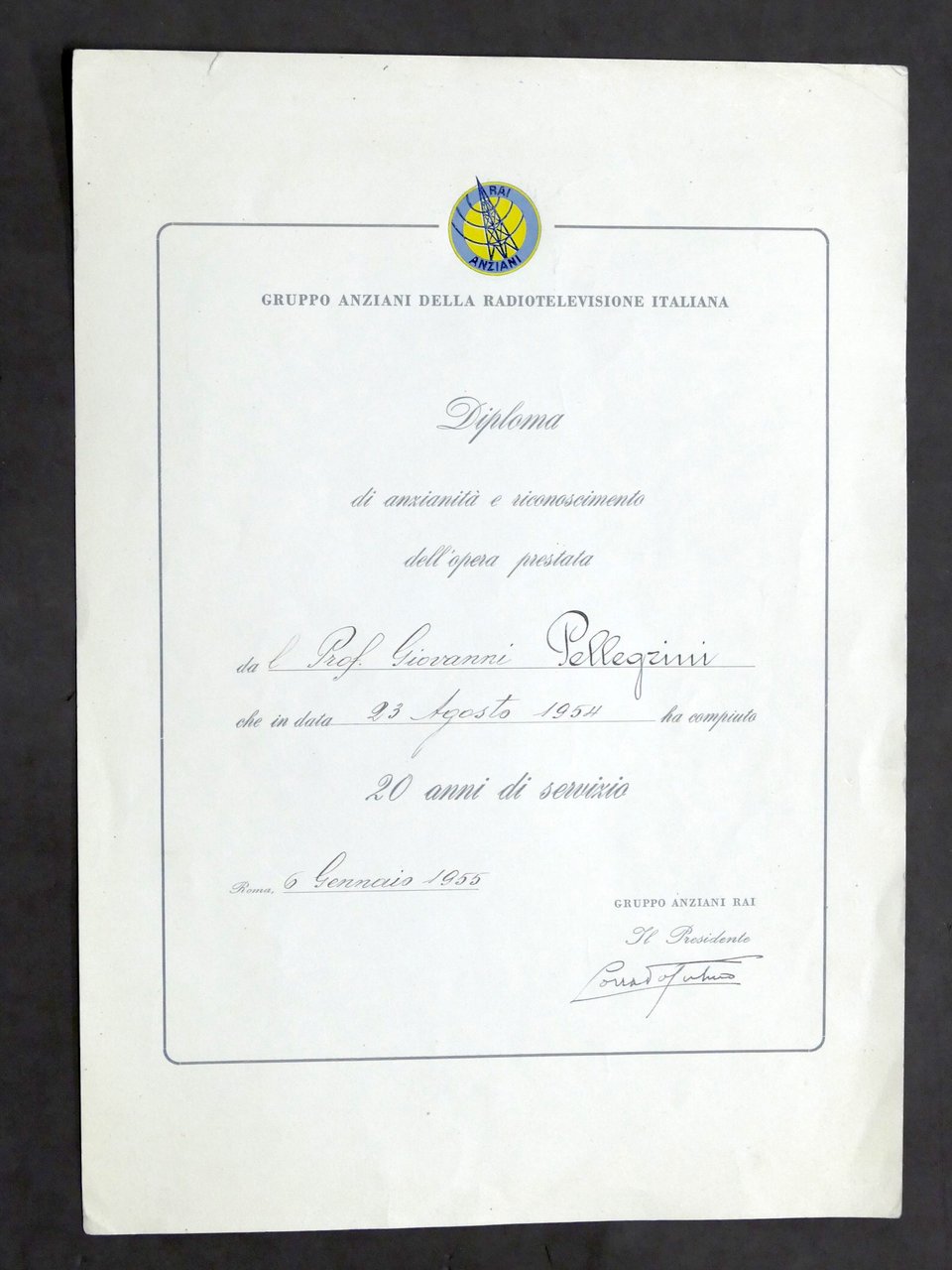 Spettacolo Televisione - Diploma di anzianità RAI - 20 anni …