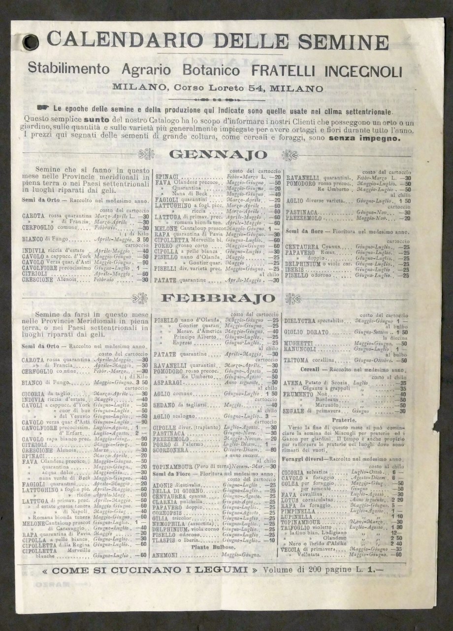 Stabilimento Agrario Botanico Fratelli Ingegnoli - Calendario delle Semine 1897