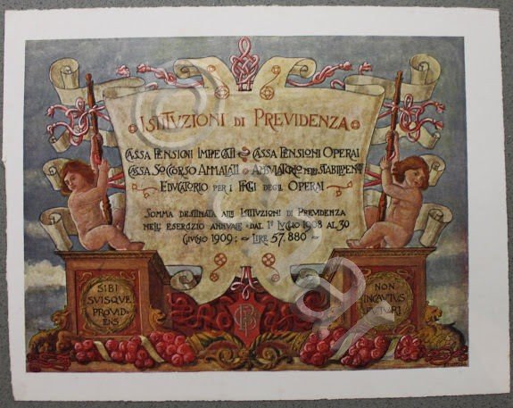 Stampa cromolitografia - azienda cappelli Borsalino Alessandria 1910 previdenza