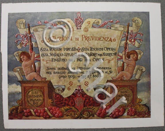 Stampa cromolitografia - azienda cappelli Borsalino Alessandria 1910 previdenza