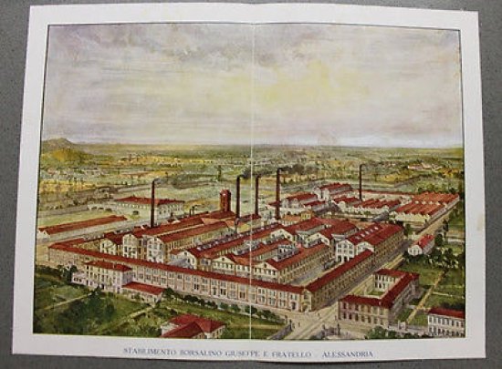 Stampa cromolitografia azienda cappelli Borsalino Alessandria 1910 stabilimento