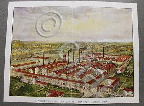 Stampa cromolitografia azienda cappelli Borsalino Alessandria 1910 stabilimento