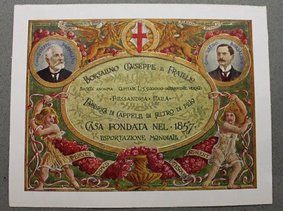 Stampa cromolitografia azienda cappelli Borsalino Alessandria 1910 stemma