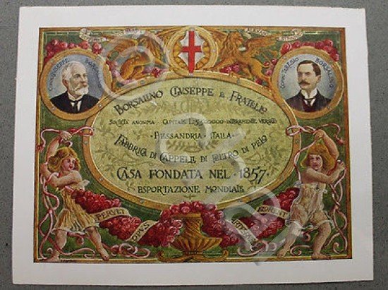 Stampa cromolitografia azienda cappelli Borsalino Alessandria 1910 stemma