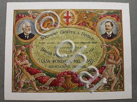 Stampa cromolitografia azienda cappelli Borsalino Alessandria 1910 stemma