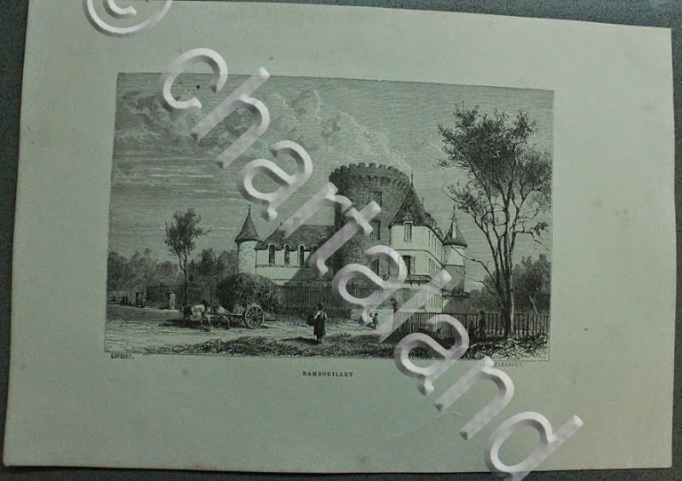 Stampa Incisione '800 Francia Castello di Rambouillet - K. Girardet …